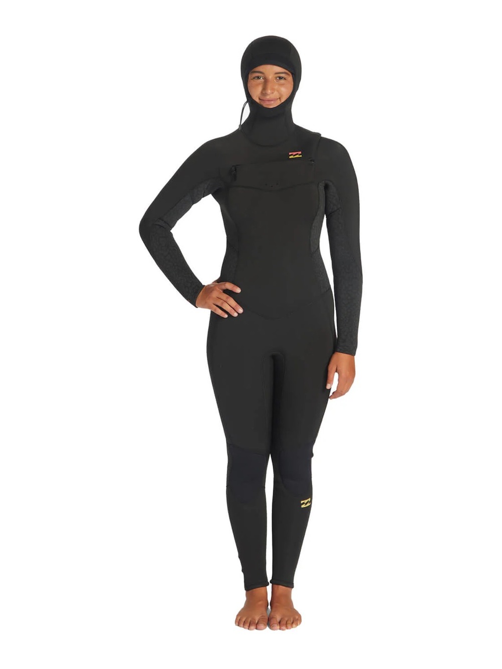 NEW women’s billabong 5/4mm synergy hooded chest zip wetsuit black orange S/4 - Picture 3 of 6